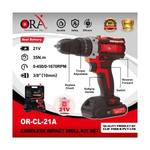 ORA CORDLESS IMPACT DRILL KIT SET ( 10MM ) ( 35 N.M ) ( 21V ) BATTERY 1.5/5C - OR-CL-21A